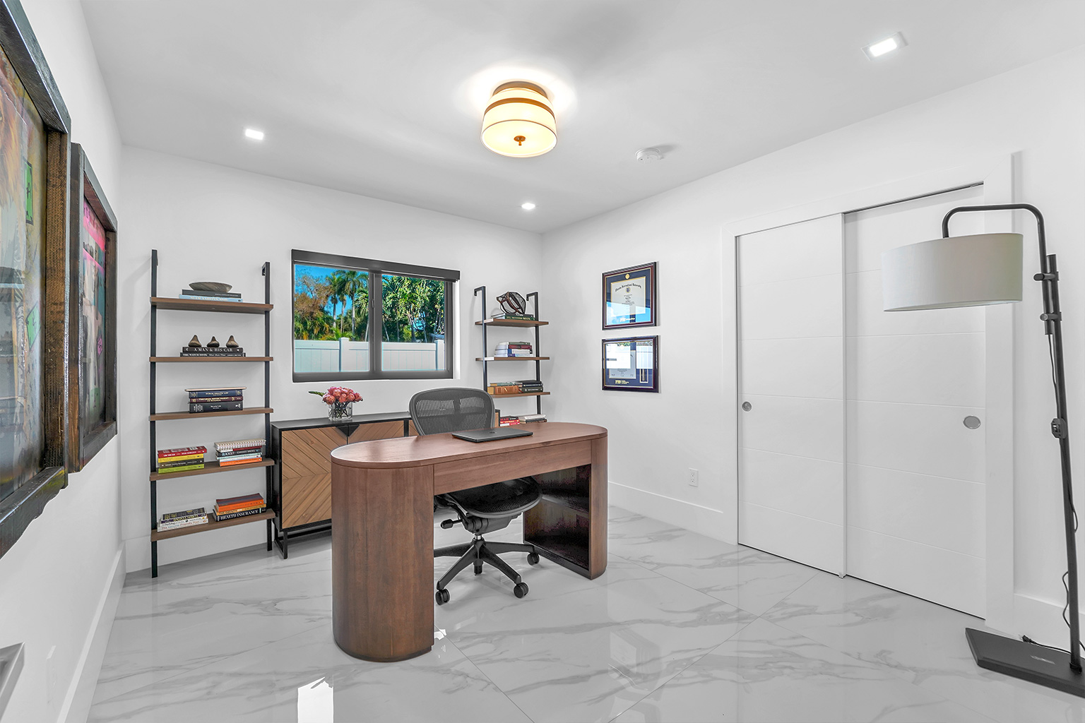 Home office with pool views